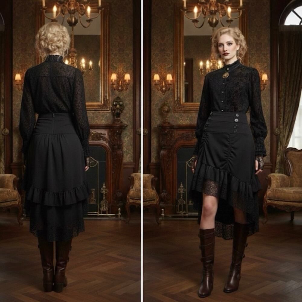 Steampunk Gothic Victorian SZ Medium Black Tiered Lace Asymmetric Hi Low Skirt